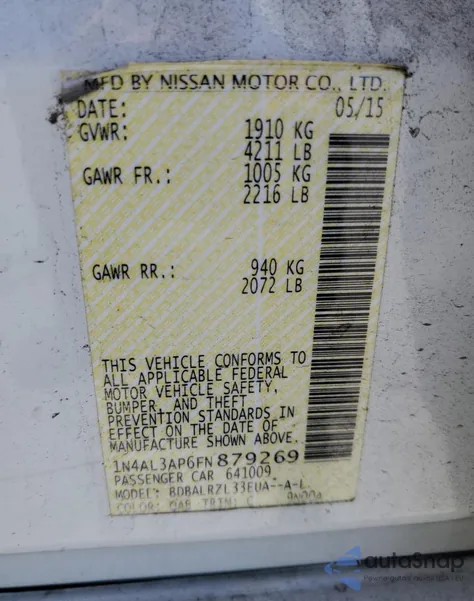 2015 Nissan Altima 2.5 from USA, damaged, VIN 1N4AL3AP6FN879269